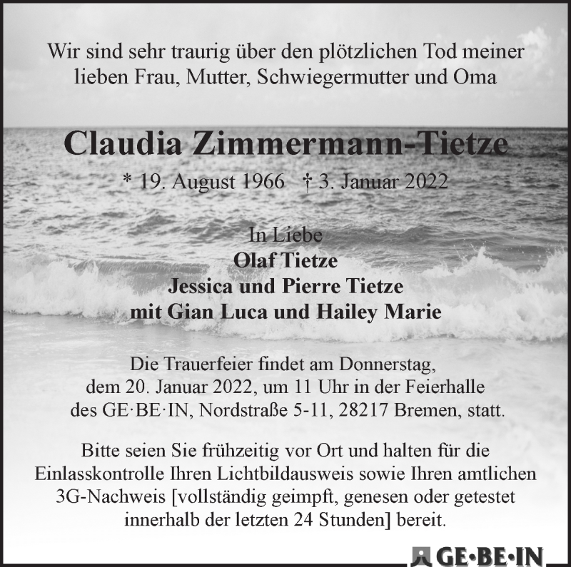  Traueranzeige für Claudia Zmmermann-Tietze vom 15.01.2022 aus WESER-KURIER
