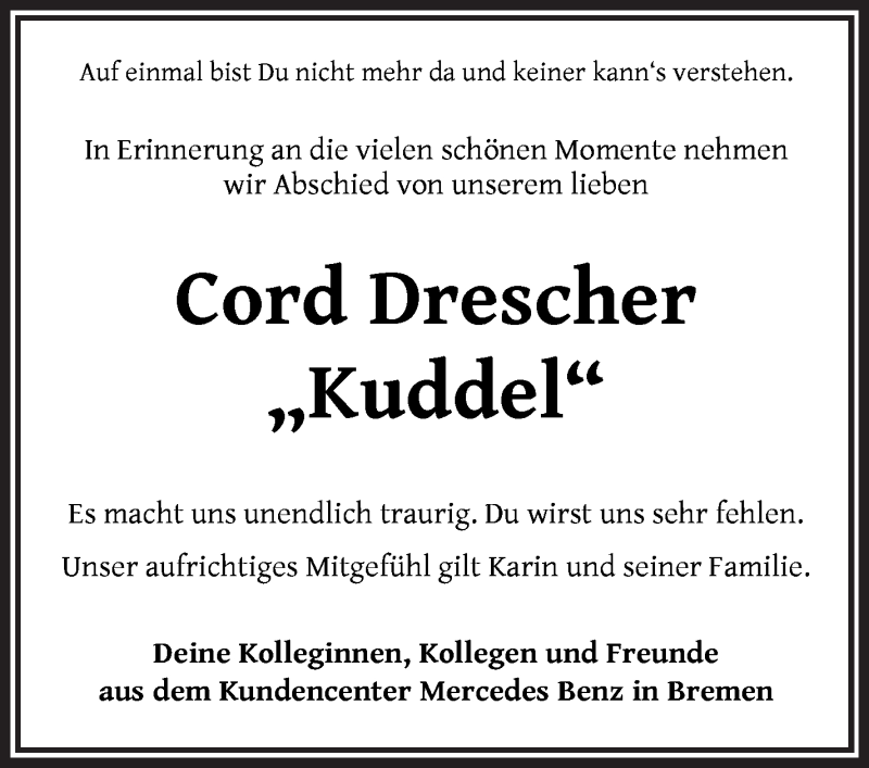  Traueranzeige für Cord Drescher vom 22.01.2022 aus WESER-KURIER