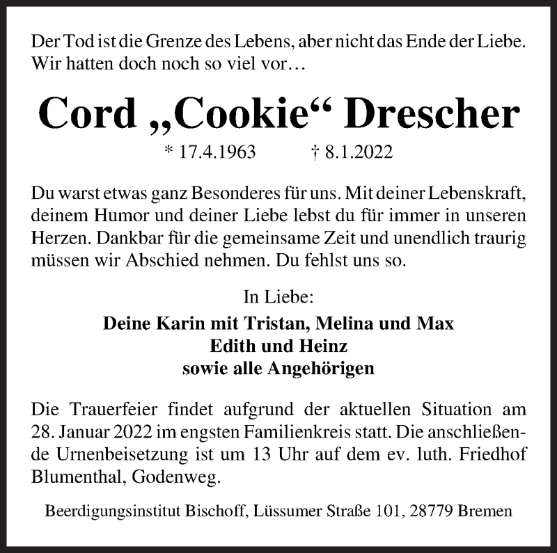  Traueranzeige für Cord Drescher vom 22.01.2022 aus WESER-KURIER