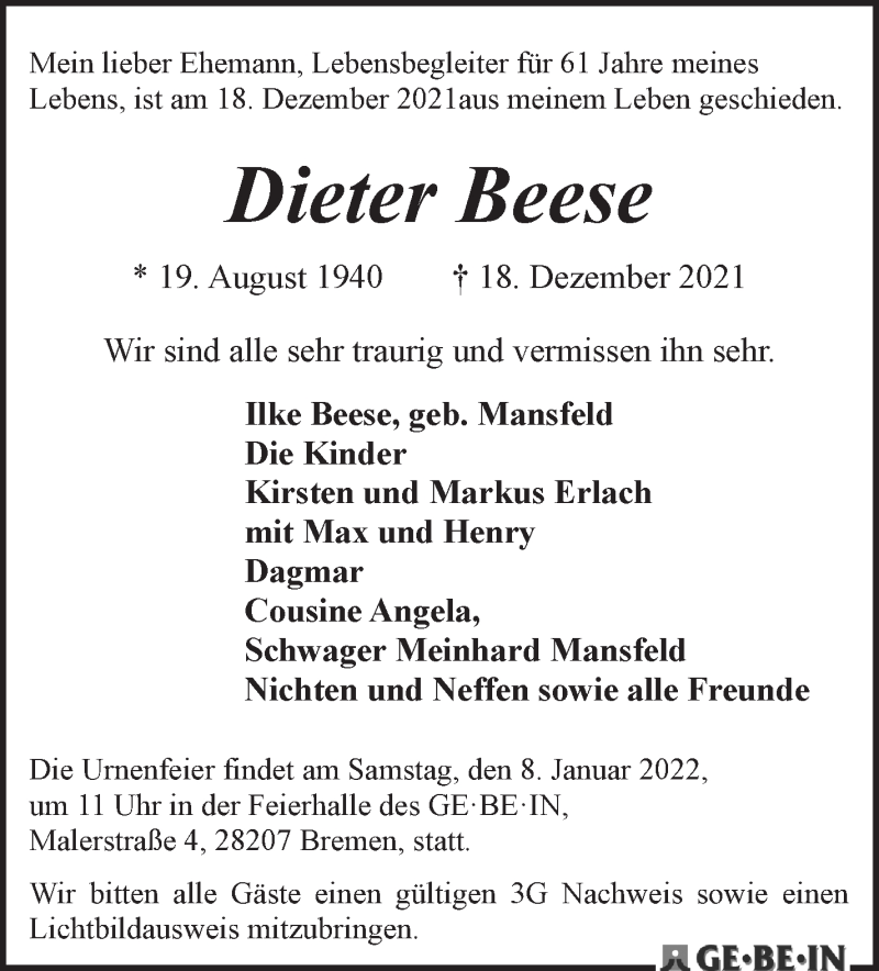 Traueranzeige von Dieter Beese von WESER-KURIER