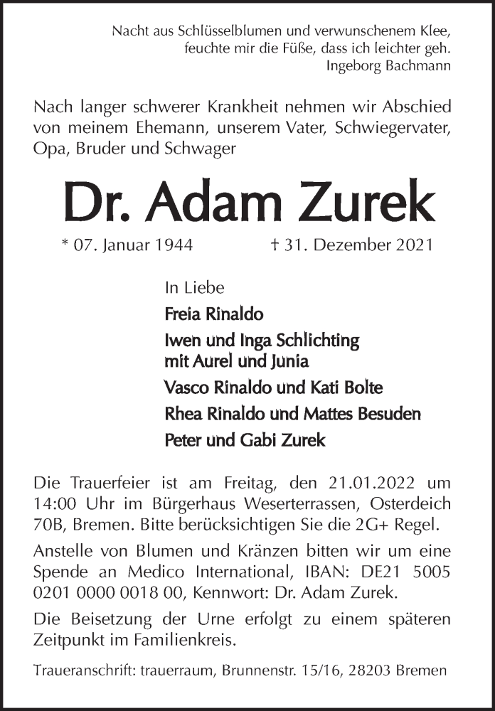  Traueranzeige für Dr. Adam Zurek vom 12.01.2022 aus WESER-KURIER