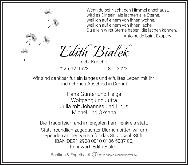  Traueranzeige für Edith Bialek vom 29.01.2022 aus WESER-KURIER