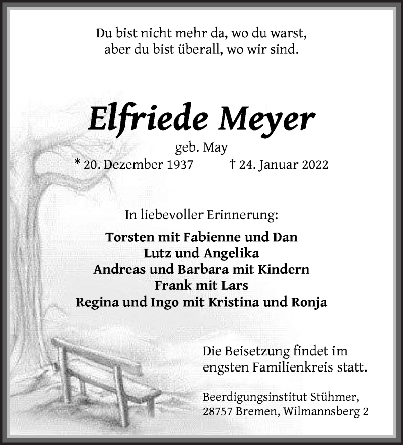  Traueranzeige für Elfriede Meyer vom 29.01.2022 aus Die Norddeutsche