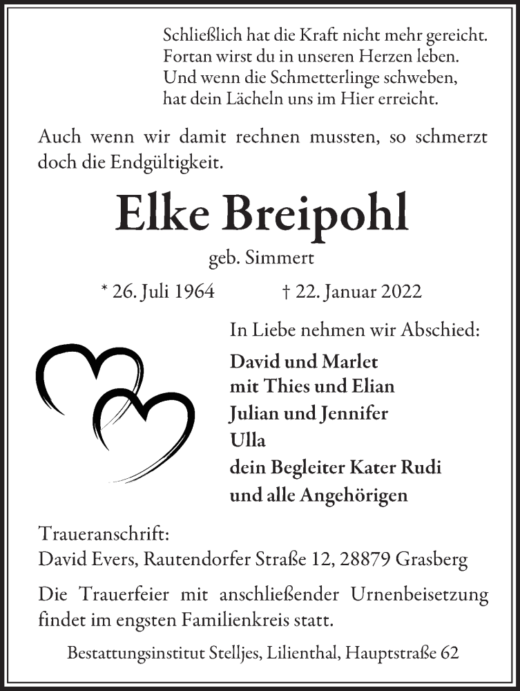  Traueranzeige für Elke Breipohl vom 26.01.2022 aus Wuemme Zeitung