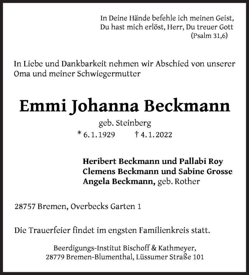 Traueranzeige von Emmi Johanna Beckmann von Die Norddeutsche