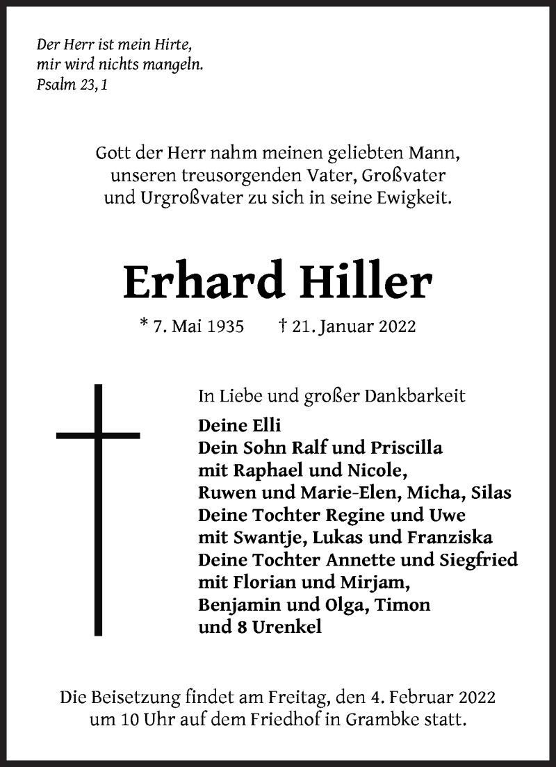  Traueranzeige für Erhard Hiller vom 29.01.2022 aus WESER-KURIER
