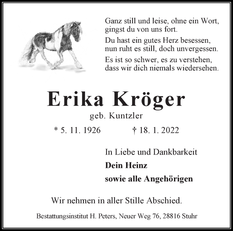  Traueranzeige für Erika Kröger vom 22.01.2022 aus Regionale Rundschau/Syker Kurier