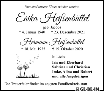 Traueranzeige von Erika und Hermann Heißenbüttel