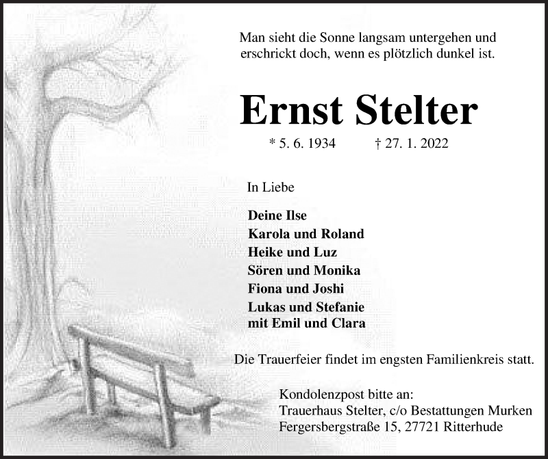  Traueranzeige für Ernst Stelter vom 29.01.2022 aus Osterholzer Kreisblatt