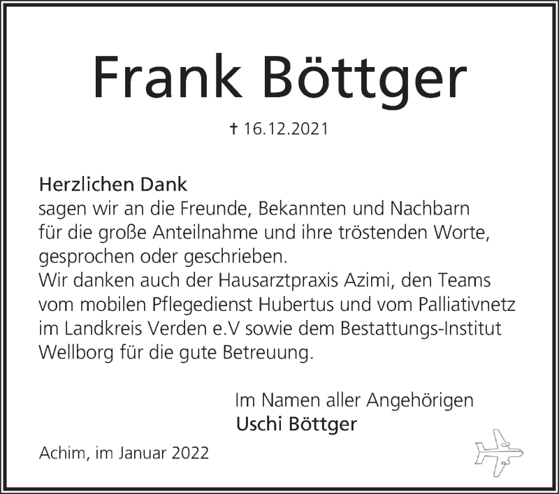 Traueranzeige von Frank Böttger von WESER-KURIER