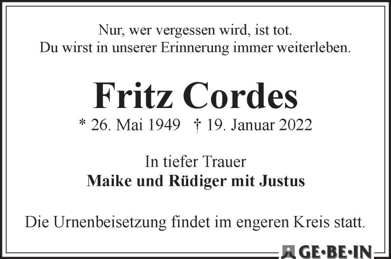  Traueranzeige für Fritz Cordes vom 29.01.2022 aus WESER-KURIER