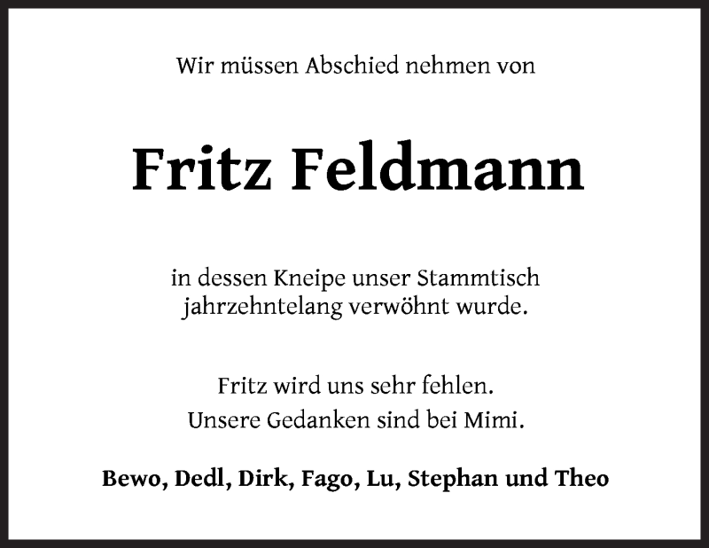  Traueranzeige für Fritz Feldmann vom 22.01.2022 aus WESER-KURIER
