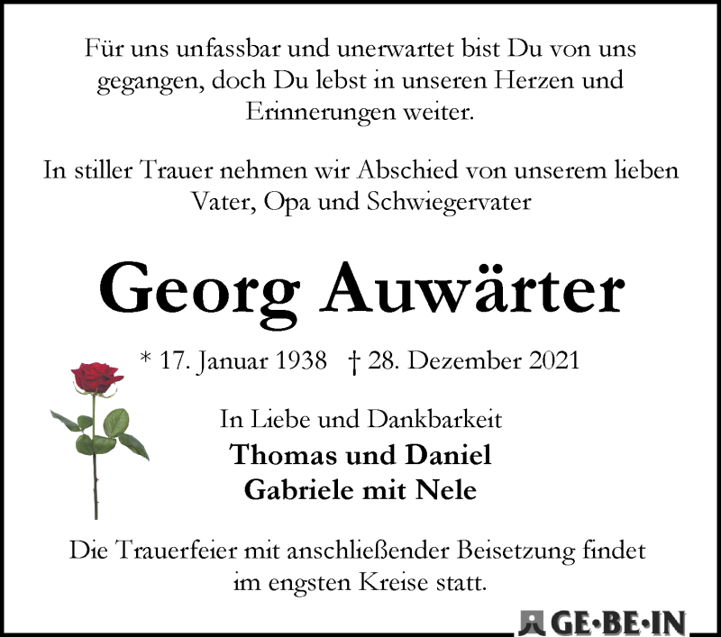  Traueranzeige für Georg Auwärter vom 08.01.2022 aus WESER-KURIER