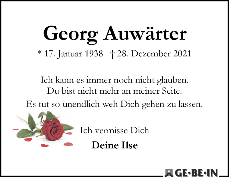  Traueranzeige für Georg Auwärter vom 08.01.2022 aus WESER-KURIER