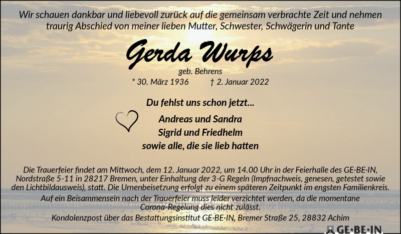 Traueranzeige von Gerda Wurps von WESER-KURIER