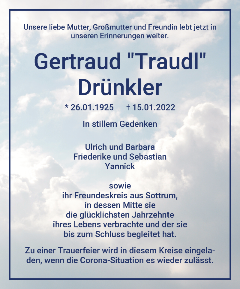  Traueranzeige für Gertraud Traudl Drünkler vom 25.01.2022 aus Achimer Kurier/Verdener Nachrichten