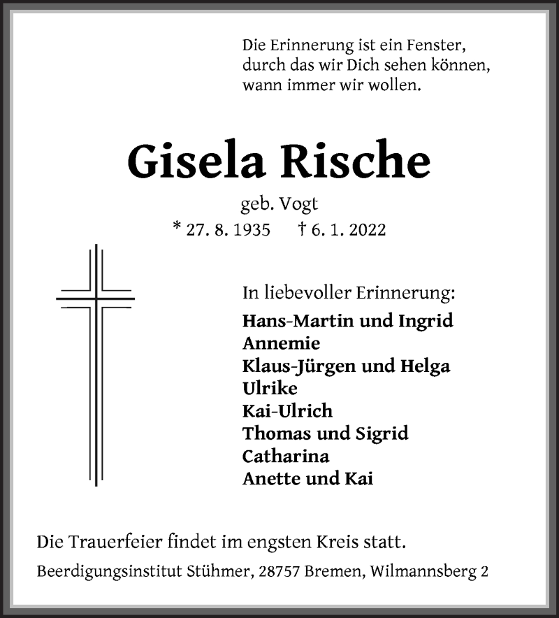  Traueranzeige für Gisela Rische vom 15.01.2022 aus Die Norddeutsche