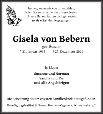 Traueranzeige von Gisela von Bebern von Die Norddeutsche