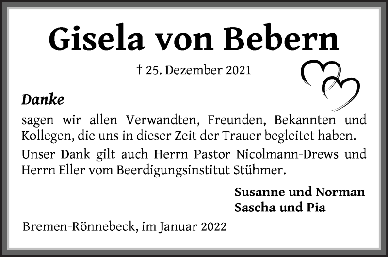  Traueranzeige für Gisela von Bebern vom 22.01.2022 aus Die Norddeutsche