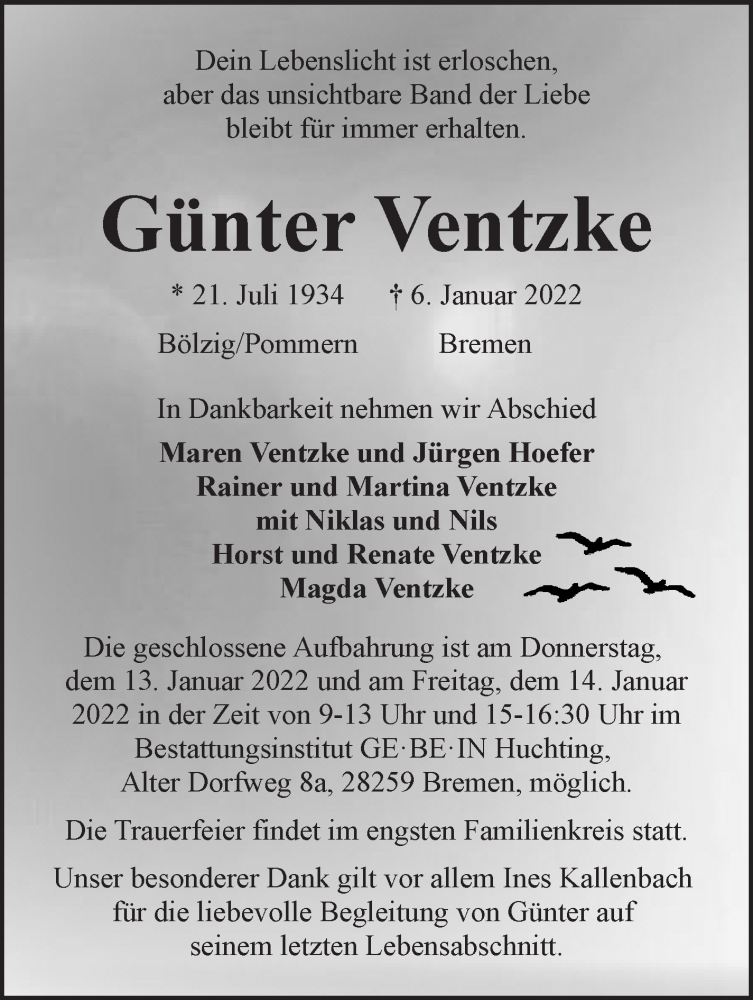  Traueranzeige für Günter Ventzke vom 12.01.2022 aus WESER-KURIER