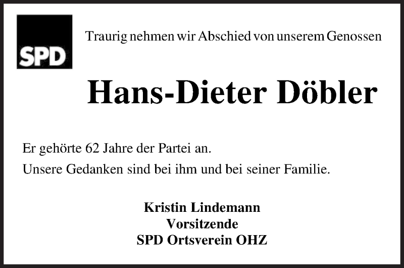  Traueranzeige für Hans-Dieter Döbler vom 29.01.2022 aus Osterholzer Kreisblatt