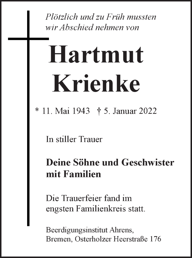 Traueranzeige von Hartmut Krienke von WESER-KURIER