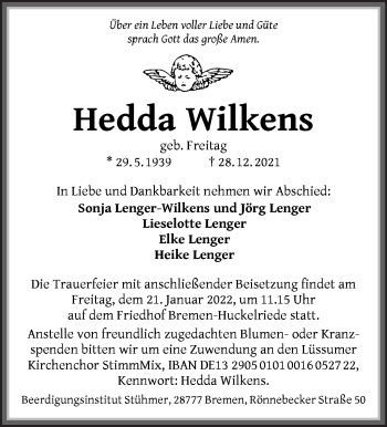 Traueranzeige von Hedda Wilkens von Die Norddeutsche