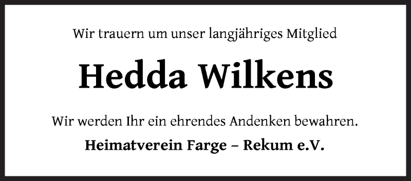  Traueranzeige für Hedda Wilkens vom 11.01.2022 aus Die Norddeutsche