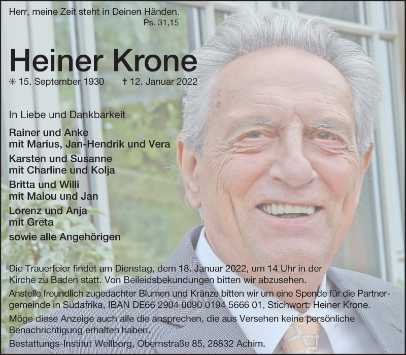  Traueranzeige für Heiner Krone vom 15.01.2022 aus WESER-KURIER