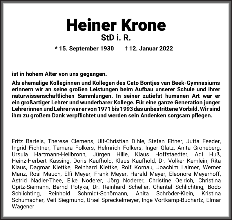  Traueranzeige für Heiner Krone vom 22.01.2022 aus Achimer Kurier/Verdener Nachrichten
