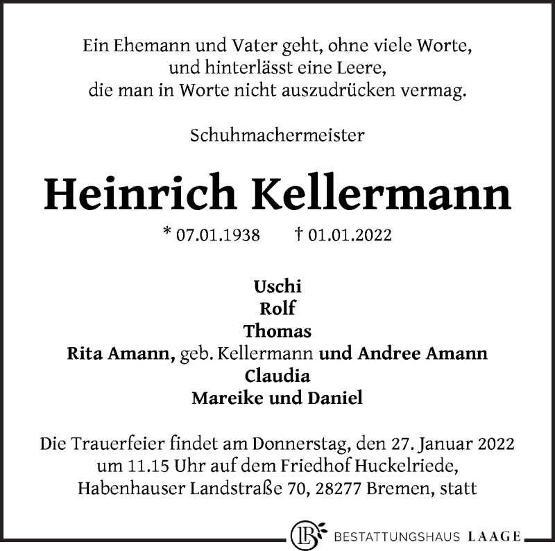 Traueranzeige von Heinrich Kellermann von WESER-KURIER