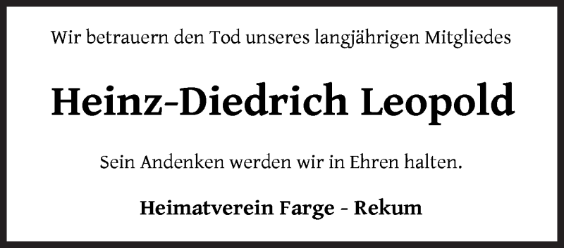  Traueranzeige für Heinz-Diedrich Leopold vom 25.01.2022 aus Die Norddeutsche