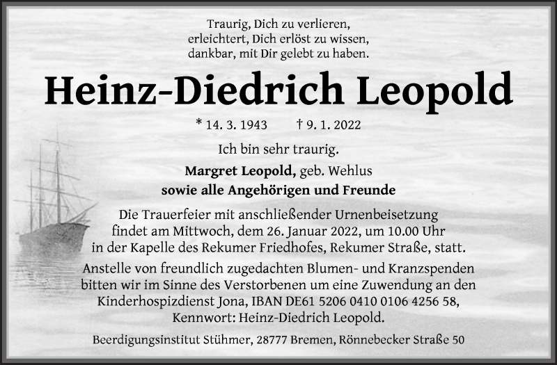  Traueranzeige für Heinz-Diedrich Leopold vom 22.01.2022 aus Die Norddeutsche