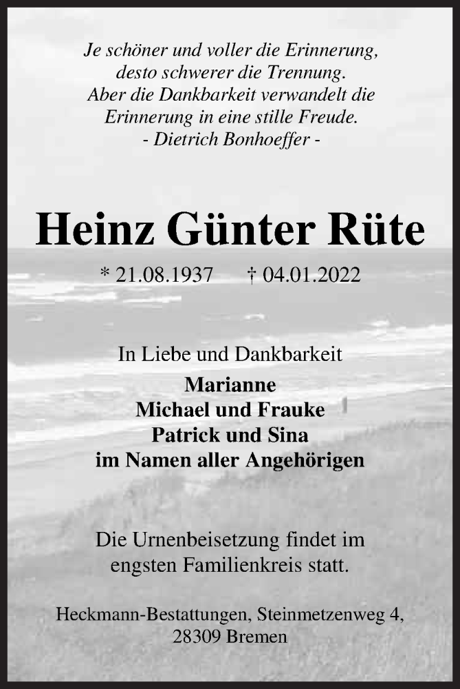  Traueranzeige für Heinz Günter Rüte vom 15.01.2022 aus WESER-KURIER