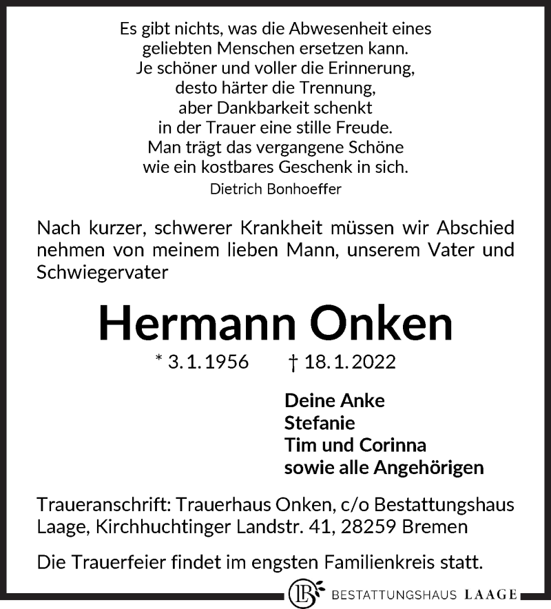  Traueranzeige für Hermann Onken vom 22.01.2022 aus WESER-KURIER