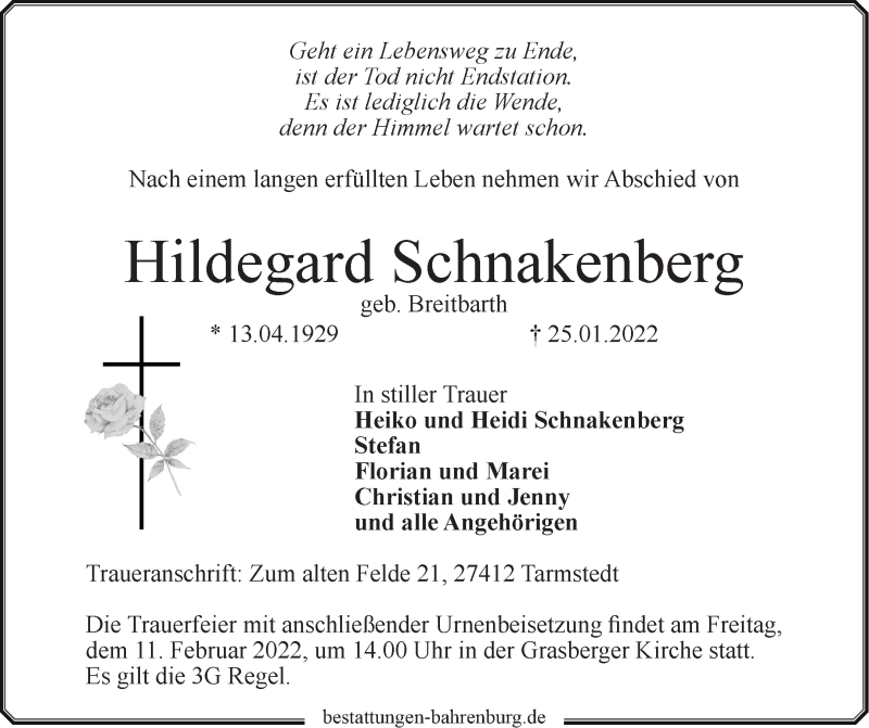  Traueranzeige für Hildegard Schnakenberg vom 29.01.2022 aus Wuemme Zeitung