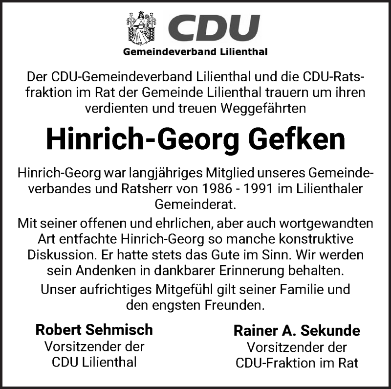  Traueranzeige für Hinrich-Georg Gefken vom 18.01.2022 aus Wuemme Zeitung