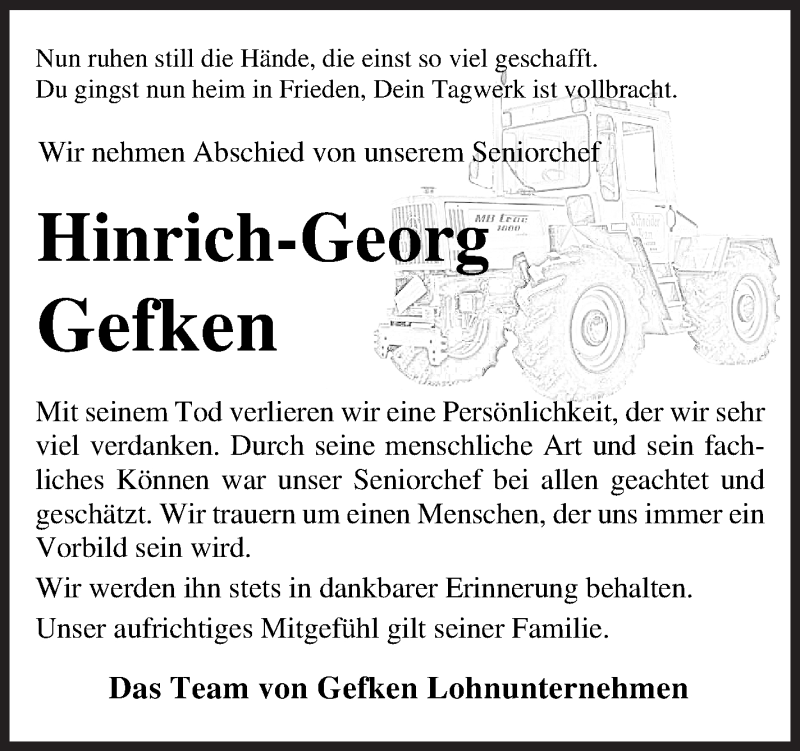  Traueranzeige für Hinrich-Georg Gefken vom 15.01.2022 aus Wuemme Zeitung