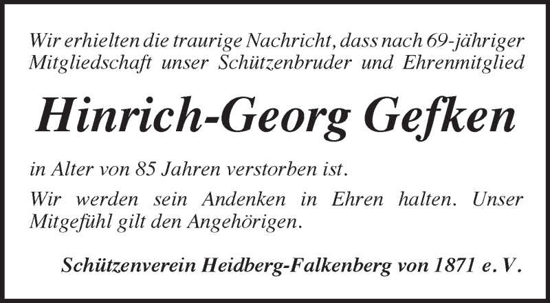  Traueranzeige für Hinrich-Georg Gefken vom 15.01.2022 aus Wuemme Zeitung