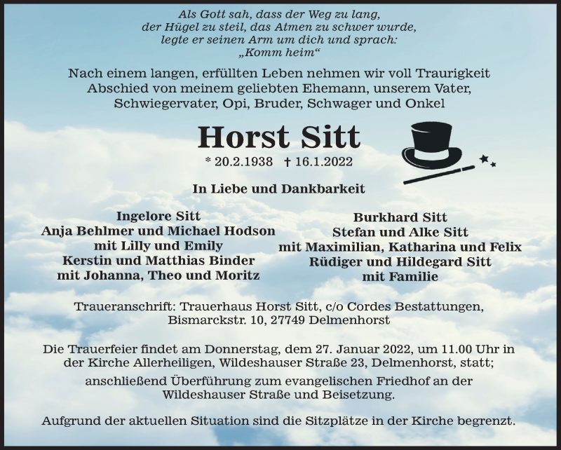  Traueranzeige für Horst Sitt vom 22.01.2022 aus WESER-KURIER