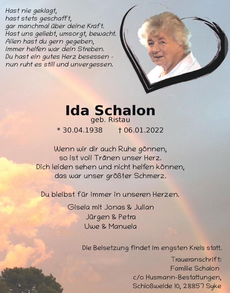  Traueranzeige für Ida Schalon vom 11.01.2022 aus Regionale Rundschau/Syker Kurier