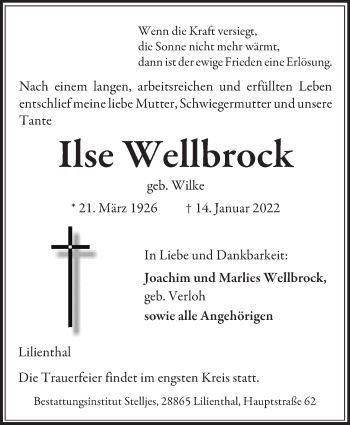Traueranzeige von Ilse Wellbrock von Wuemme Zeitung