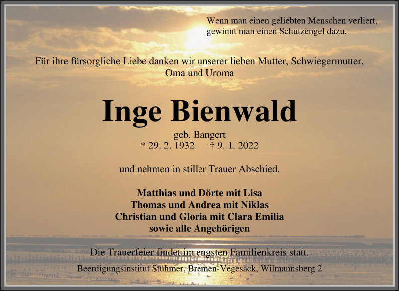 Traueranzeige für Inge Bienwald vom 15.01.2022 aus Die Norddeutsche