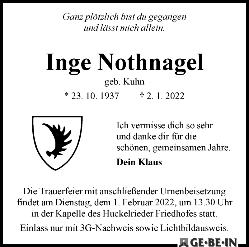  Traueranzeige für Inge Nothnagel vom 08.01.2022 aus WESER-KURIER