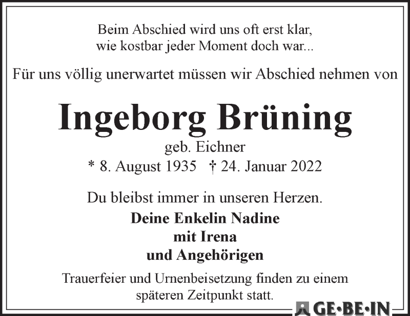 Traueranzeige von Ingeborg Brüning von WESER-KURIER