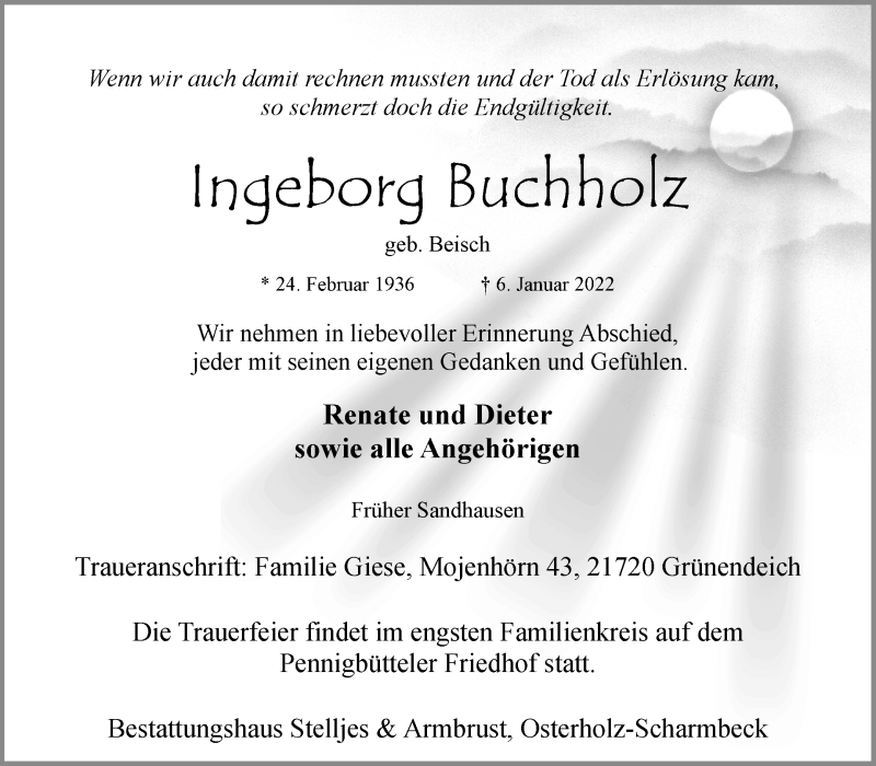  Traueranzeige für Ingeborg Buchholz vom 11.01.2022 aus Osterholzer Kreisblatt