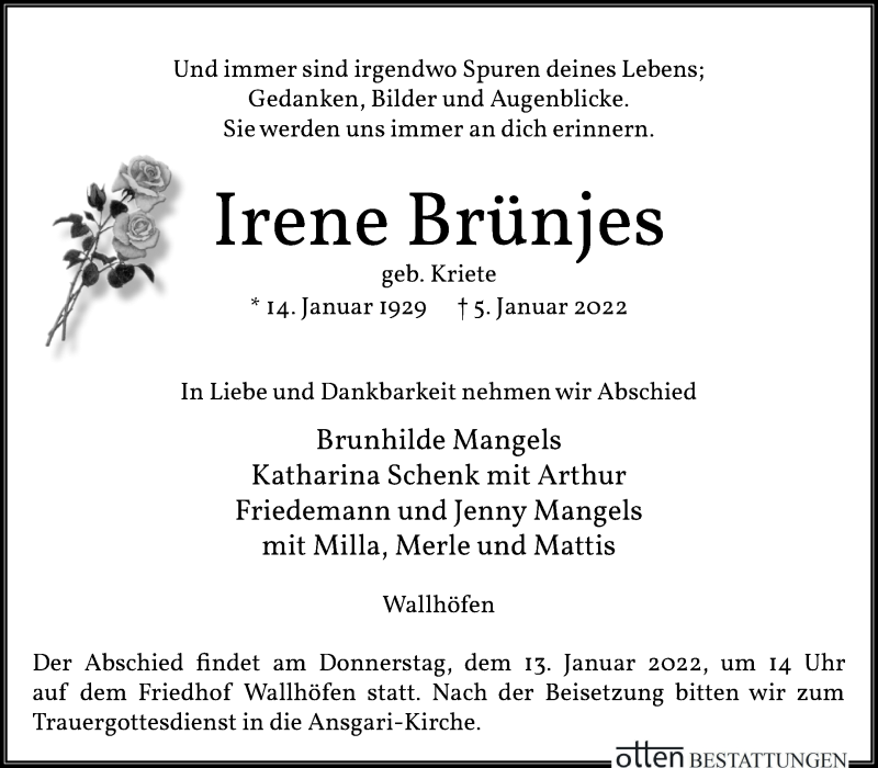 Traueranzeige von Irene Brünjes von Osterholzer Kreisblatt