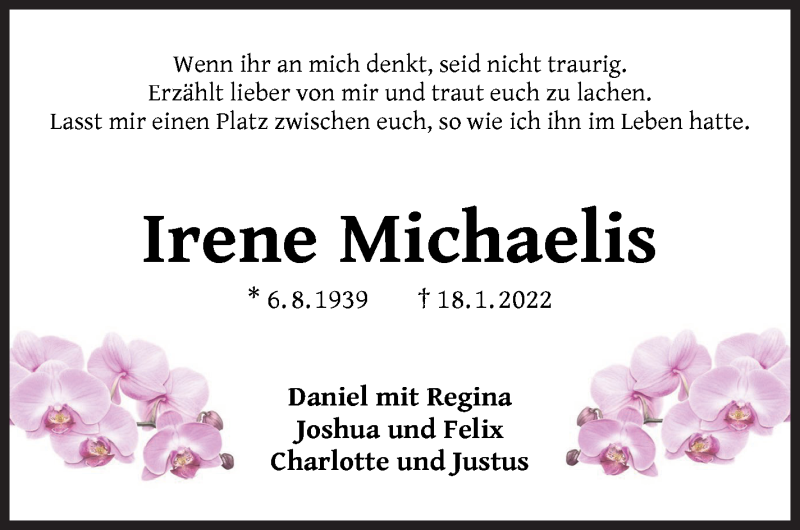  Traueranzeige für Irene Michaelis vom 29.01.2022 aus WESER-KURIER