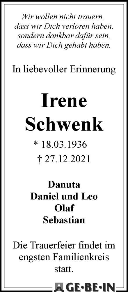  Traueranzeige für Irene Schwenk vom 08.01.2022 aus WESER-KURIER