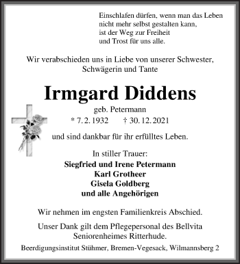 Traueranzeige von Irmgard Diddens von Osterholzer Kreisblatt